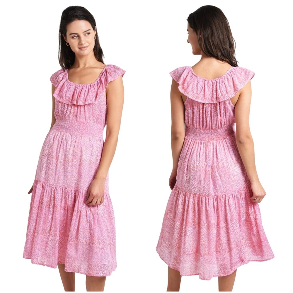 Oliphant Ruffle Neck Midi Dress S small pebble lilac coral print pink flounce
